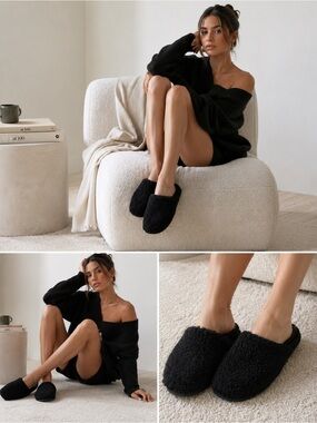 Jenni Kayne Black Shearling Mule Slippers Slides EU 37 Cozy Luxe